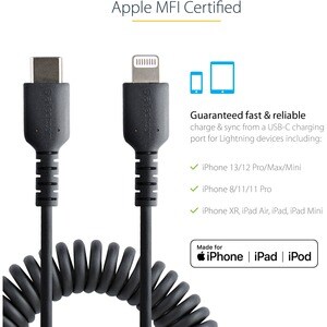 USB C to Lightning Cable -  50cm (20in) Coiled Cable Black
