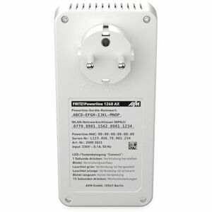 FRITZ!Powerline 1240 AX WLAN Set, 1200 Mbit/s, Gigabit Ethernet, 10,100,1000 Mbit/s, Wi-Fi 6 (802.11ax), Einzelband (2,4GH