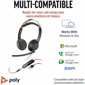 Poly Blackwire 5220 Wired On-ear Stereo Headset - Black - Microsoft Teams Certification - Binaural - Ear-cup - 32 Ohm - 21