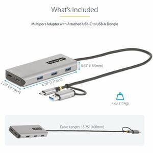 StarTech.com USB-C Multiport Adapter w/Attached USB-C to USB-A Dongle, Dual HDMI 4K/1080, 3x USB, Mini Laptop Docking Stat