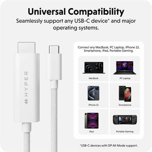 Hyper HyperDrive HD6007WHGL 2.50 m HDMI/USB-C A/V Cable - Cable for Audio/Video Device, USB Device, Monitor, Smartphone, T