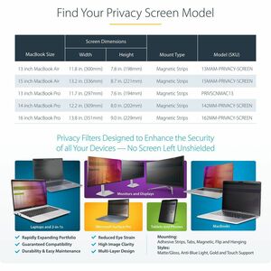 StarTech.com 13MAM-PRIVACY-SCREEN. Maximaler Bildschirmdurchmesser: 33 cm (13"), Suitable for: Laptop, Typ: Rahmenloser Bl
