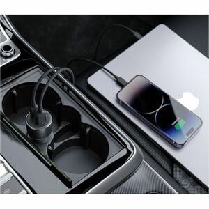 100W car charger USB-C USB-A ports fast charging for laptops, tablets, and smartphones with 1m cable