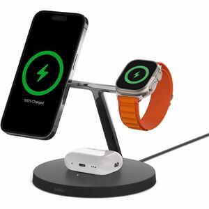 Belkin BOOSTCHARGE PRO MagSafe 3-in-1 Wireless Charger with 3-UK Pin Power Supply Unit - Black