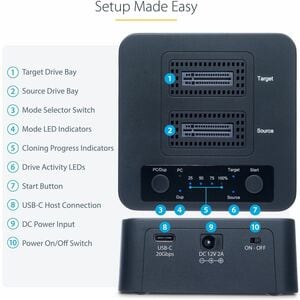 StarTech.com 1:1 M.2 NVMe Drive Duplicator, 90GBpm Standalone M.2 SSD Cloner/Copier, USB-C 3.2 20Gbps M.2 Dual-Bay Drive D