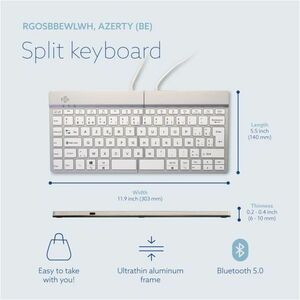 R-Go Split Break Keyboard - Wireless Connectivity - USB Type C Interface - Belgian - AZERTY Layout - White - Scissors Keys
