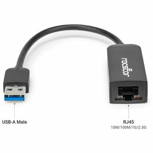 Rocstor Premium USB-A to 2.5G Ethernet Adapter - 1 x USB Type A - Male - 1 x RJ-45 Network - Female - Black - 1