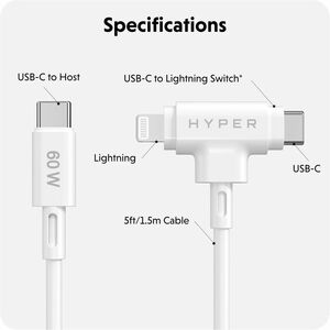 Hyper HyperJuice HJ4010WHGL 1.52 m Lightning/USB-C Data Transfer Cable - Cable for Notebook, Tablet, Phone, MacBook Air, H