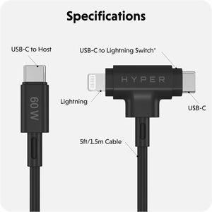 Hyper HyperJuice HJ4010BKGL 1.52 m Lightning/USB-C Data Transfer Cable - Cable for Notebook, Tablet, Phone, MacBook Air, H