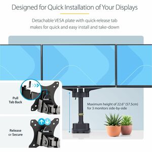 StarTech.com Desk Mount for Monitor, Display - Black - Landscape/Portrait - Height Adjustable - 3 Display(s) Supported - 6