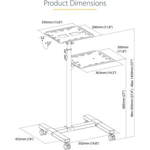 StarTech.com Projector Trolley - 2 Shelf - 20 kg Capacity - 4 Casters - Steel - 502.9 mm Length x 454.7 mm Width x 1463 mm