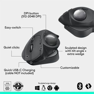 Logitech MX Ergo S Plus Advanced Wireless Trackball Mouse, USB-C Rechargeable Wireless Ergonomic Mouse With Bluetooth and 