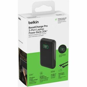 Belkin 65W 3-port USB Power Bank w/ Digital Display - 20K mAh - 2xUSB-C, 1xUSB-A - Portable Charger - w/ USB-C to USB-C Ca