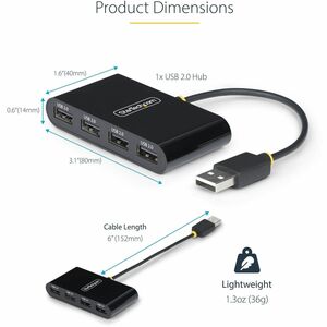 StarTech.com 4-Port USB 2.0 Hub, USB Bus Powered, Small Travel Mini USB Hub, Multi-Port USB 2.0 Splitter, Portable USB Hub