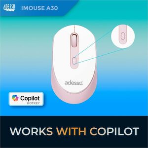 Adesso iMouse A30P Wireless Mouse with AI CoPilot Shortcut Button (Pink) - Optical - Wireless - 30 ft - Radio Frequency - 