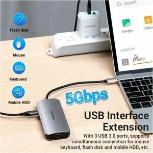 Vention USB Hub - USB Type C - 640 MB/s - Notebook, Desktop, Mouse, Keyboard, Printer, Projector, Flash Drive, TV - Grey -