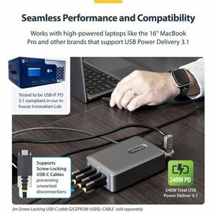 StarTech.com 4-Port Multi-Device USB-C Charger, 240W Total, Single Port 140W EPR, Screw Locking Ports, Ideal for Boardroom