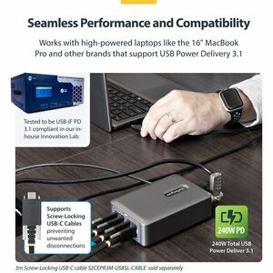 StarTech.com 4-Port USB-C Ladegerät, 140W EPR je Port(Max. 240W), USB C GaN Netzteil mit Schraubsicherung, USBC PD 3.1 Lap
