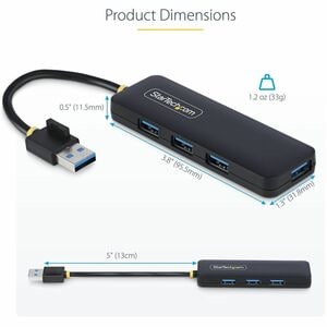 StarTech.com USB Hub - USB Type A - 640 MB/s - Mouse, Keyboard, Flash Drive - Portable - Black - UASP Support - 4 Total US
