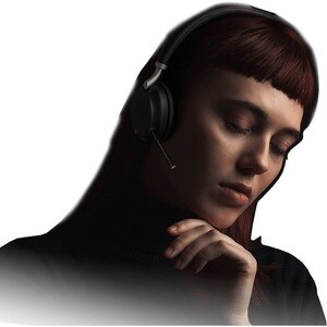 TEAMS CERTIFIED DUAL EAR OVER-THE-HEAD HEADSET COLOR: BLACK BUSYLIGHT ON HEADSET LEATHER EAR CUSHIONS SUPPORT WIRELESS CHA