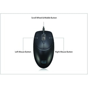 Adesso HC-3003US Mouse - USB - Optical - 3 Button(s) - Black - 1 Each - Cable - 1000 dpi - Scroll Wheel - Symmetrical