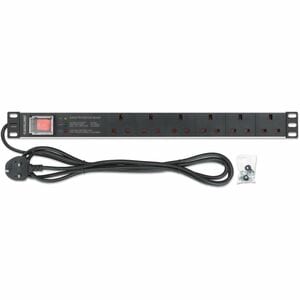 19" 1U PDU 6-way UK, With switch and Surge Protection, Rackmount, Power Distribution Unit, UK 3-pin outlets, 3m power cord