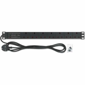 19" 1U PDU 7-way UK, Surge Protection, Rackmount, Power Distribution Unit, UK 3-pin outlets, 3m power cord, output - 7 x B