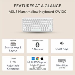Asus Marshmallow KW100-IW-CP Keyboard - Wireless Connectivity - Iridescent White - Scissors Keyswitch - Bluetooth - 5 - 10
