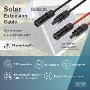 Digitus DK-SCEC66-0030. Produkttyp: Kabel, Produktfarbe: Schwarz, Rot, Kerngröße: 6 mm². Verbindungstyp: MC4, Steckverbind
