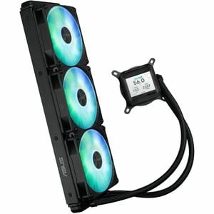 ASUS Prime LC ARGB LCD all-in-one CPU liquid cooler with sharp screen showcasing CPU & GPU information with different back
