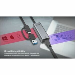 Unitek U1313C 2.5Gigabit Ethernet Adapter for Switch - Space Gray - USB Type C, USB Type A - 5 Gbit/s Data Transfer Rate