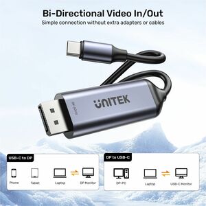 Unitek 1.80 m DisplayPort/USB-C A/V Cable - 1 - Cable for Monitor, Phone, Tablet, Notebook, PC - First End: 1 x USB Type C
