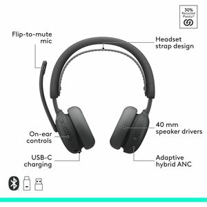 Logitech Zone Wireless 2 ES for Business - Noise-Canceling Wireless Headset with Adaptive Hybrid ANC, Microsoft Teams Cert