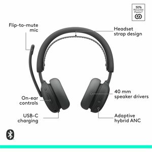 Logitech Zone Wireless 2 ES for Business - Noise-Canceling Wireless Headset with Adaptive Hybrid ANC, Native Bluetooth, Mi