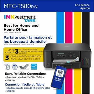 Brother MFC-T580DW Wired & Wireless INKvestment Tank Inkjet Multifunction Printer - Color - Copier/Printer/Scanner - 16 pp