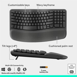 Logitech Wave Keys & Lift Vertical Mouse - Ergonomic Wireless Keyboard and Mouse Combo - with Cushioned Palm Rest (Graphit