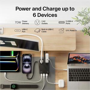 Belkin 2-Outlet Charging Station w/ 2x USB-A, 1x USB-C Ports + Tethered USB-C Cable 70W - 5ft Cord - Black - 70 W - 4.92 f