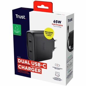 Adaptateur secteur Trust Maxo - 65 W - Adaptateur universel - 2 USB Type-C - Pour Ordinateur Portable, Tablette PC, Smartp