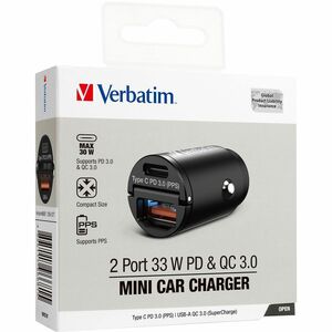 Verbatim Mini 33 W Auto Adapter - 1 USB Type-C - For Mobile Device - 12 V DC, 24 V DC Input - 5 V DC, 9 V DC, 12 V DC, 15 