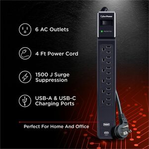 CyberPower CSP604UC Home Office Surge Protector with 1500 J Surge Suppression - Clamping Voltage 800V, 4 ft Cord, NEMA 5-1