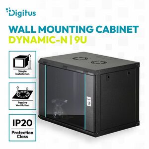 Digitus Dynamic-N 9U Wandmontierbar Geschlossener Schrank Rackschrank für Networking, Server - Schwarz - Stahl, Glas, Blec