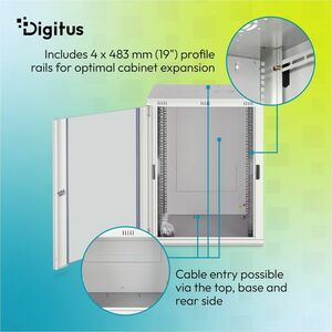 Digitus Dynamic-N 16U Wall Mountable Enclosed Cabinet Rack Cabinet for Networking, Server - Light Grey - Glass, Steel, She