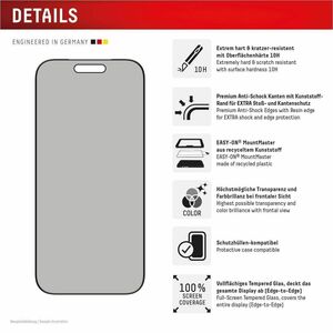 Displex 10H Gehärtetes Glas Blickschutzfilter für Apple iPhone 17 - für OLED iPhone 17 - Kratzfest, Schlagfest, Schmutzabw