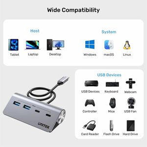Unitek uHUB H1337A USB Hub - USB Type C - 640 MB/s - Desktop, Notebook, Flash Drive, Printer - Space Gray - 4 Total USB Po