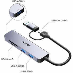 5-in-1 USB Hub with 3 Ports USB-A 5Gbps SD and Micro SD Card Reader UNITEK hook color box
