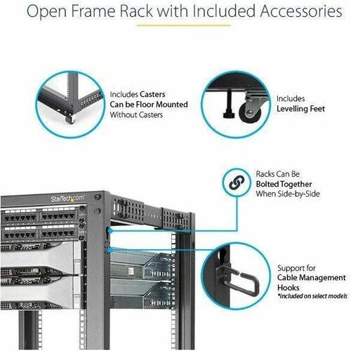 StarTech.com 4-Post 12U Mobile Open Frame Server Rack, 19" Network Rack with Casters, Rolling Rack for Computer/AV/Data/IT