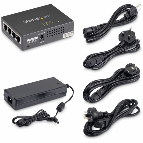 StarTech.com 4 Port Gigabit Midspan - PoE+ Injector - 802.3at and 802.3af - 52 V DC, 2.31 A Output - 4 Input Port(s) - 4 O