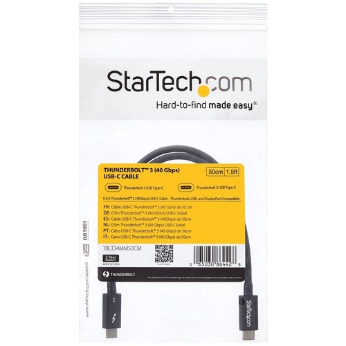 StarTech.com 50cm (1.6ft) Thunderbolt 3 Cable, 40Gbps, 100W PD, 4K/5K Video, Thunderbolt-Certified, Compatible w/ TB4/USB 