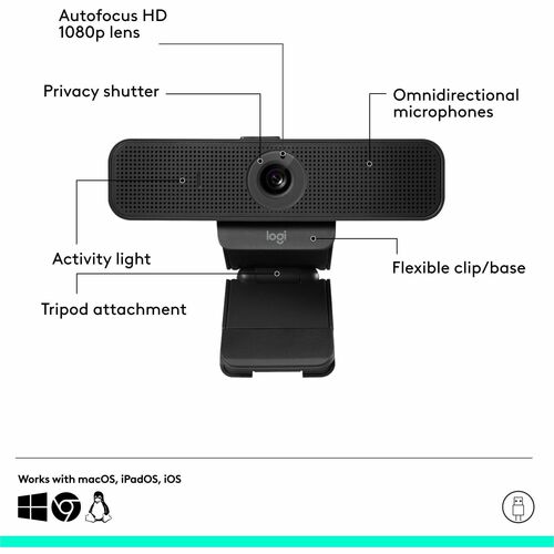 Logitech C925e Webcam - 30 fps - USB 2.0 - 1920 x 1080 Video - Auto-focus - Microphone - For Notebook, Monitor