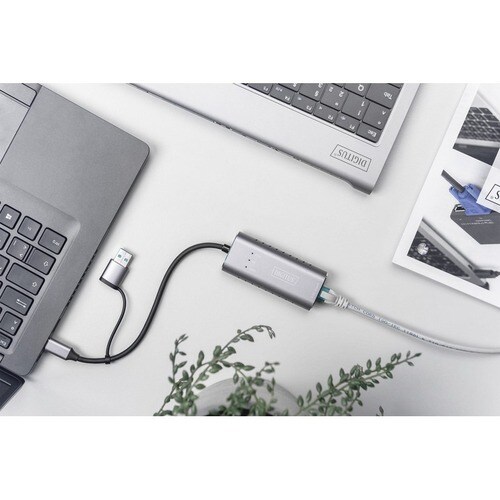 Digitus DN-3028 USB/Ethernet Combo Hub - USB 3.1 Type C - External - Grey - 1 Network (RJ-45) Port(s) - PC, iOS, Mac, Linu